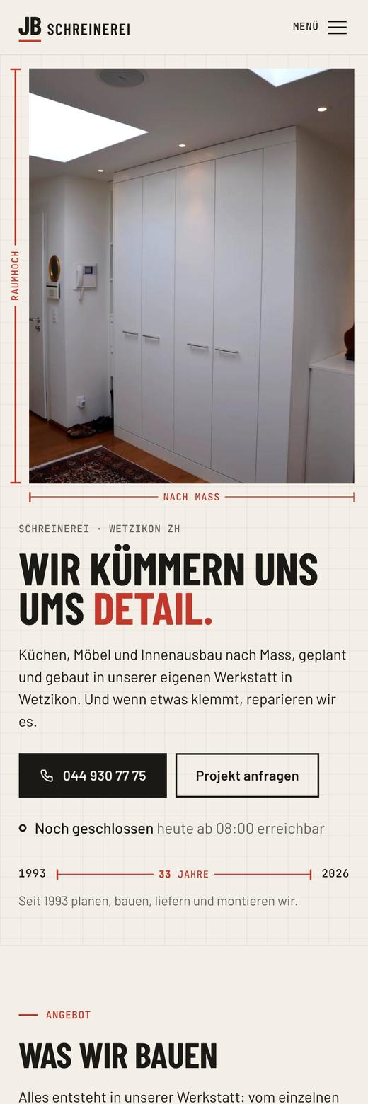 JB Schreinerei, Handy-Ansicht